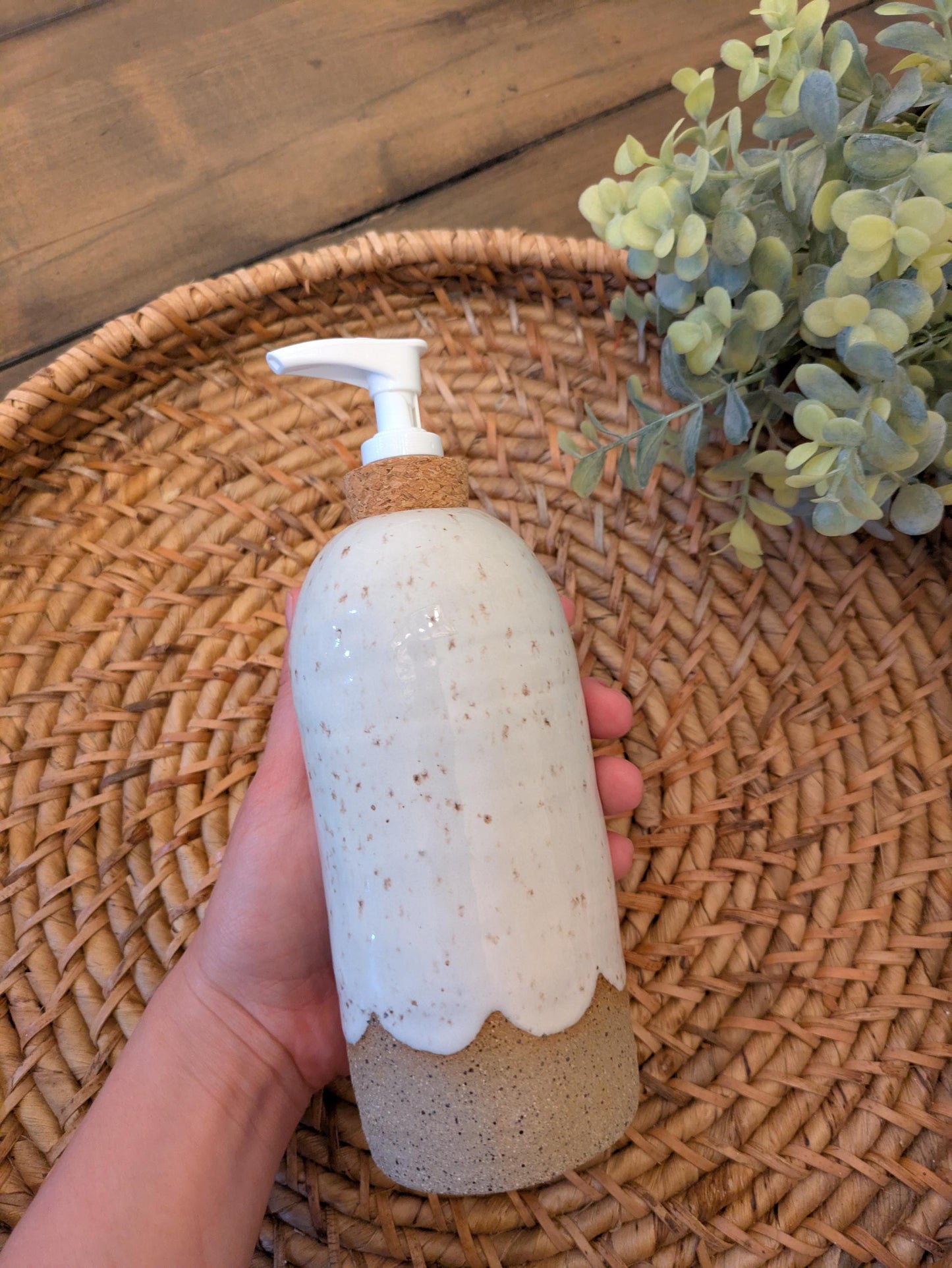 Ceramic Soap Dispenser Bottle Modern Rustic Minimal Farmhouse Vibe for Home Bath & Kitchen Natural Scallop Design on Bottle