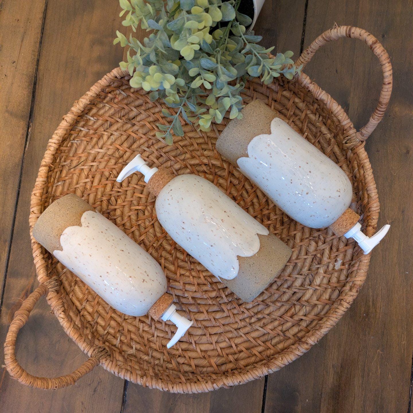 Ceramic Soap Dispenser Bottle Modern Rustic Minimal Farmhouse Vibe for Home Bath & Kitchen Natural Scallop Design on Bottle