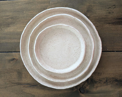 Ceramic Plates Nesting for Kitchen and Dining Handcrafted Tan White Speckled Rustic Textured Minimal Modern Farmhouse
