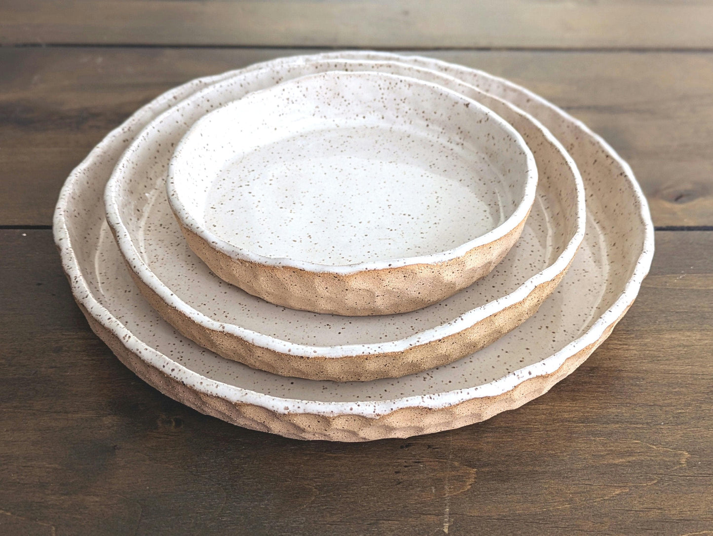 Ceramic Plates Nesting for Kitchen and Dining Handcrafted Tan White Speckled Rustic Textured Minimal Modern Farmhouse