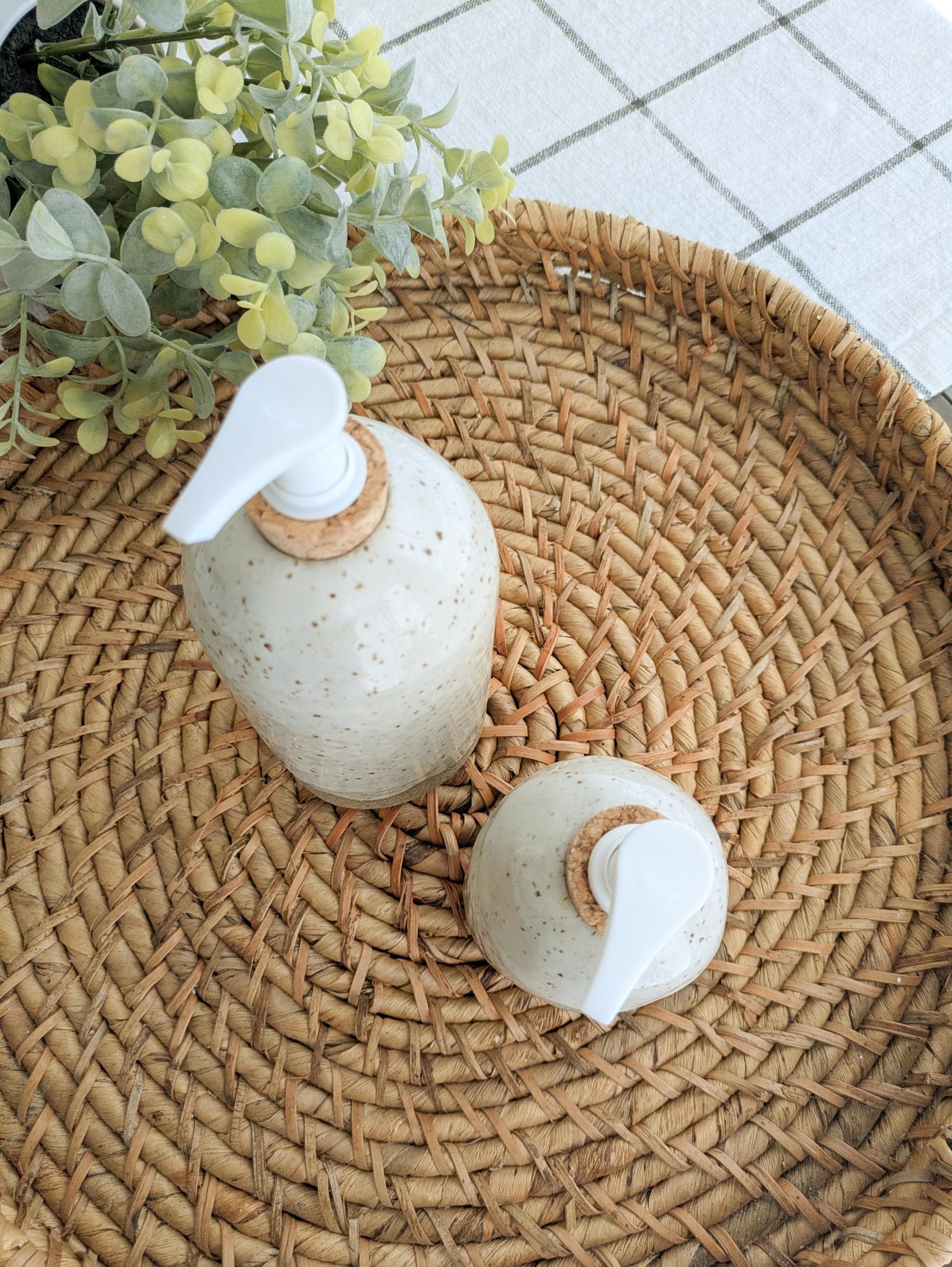 Ceramic Soap Dispenser Bottle Modern Rustic Minimal Farmhouse Vibe for Home Bath & Kitchen Natural Scallop Design on Bottle