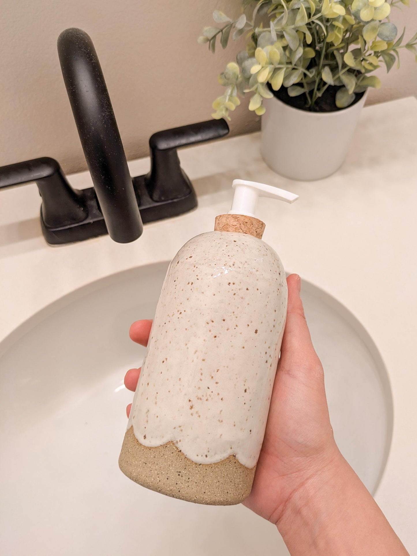 Ceramic Soap Dispenser Bottle Modern Rustic Minimal Farmhouse Vibe for Home Bath & Kitchen Natural Scallop Design on Bottle
