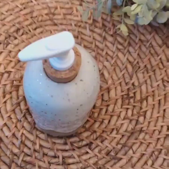 Ceramic Soap Dispenser Bottle Modern Rustic Minimal Farmhouse Vibe for Home Bath & Kitchen Natural Scallop Design on Bottle
