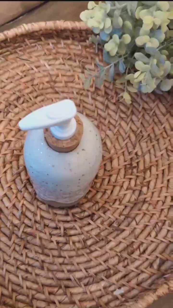 Ceramic Soap Dispenser Bottle Modern Rustic Minimal Farmhouse Vibe for Home Bath & Kitchen Natural Scallop Design on Bottle